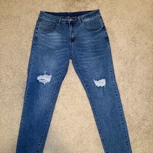 SHEIN Men’s L Distressed Skinny Jeans Blue Stretch Denim Ripped Knee Casual